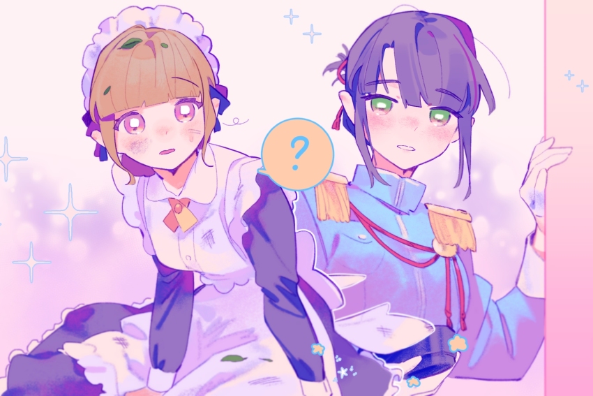 2girls ? alternate_costume black_hair blue_jacket blue_pants blunt_bangs blush breasts cho_toutoi_love colored_speech_bubble dress epaulettes gloves highres holding jacket kachimachi_kosuzu leaf leaf_on_head link!_like!_love_live! long_dress love_live! maid maid_headdress medium_breasts momose_ginko multiple_girls official_alternate_costume open_mouth pants pink_eyes pipi_(m1x_mix) ponytail prince short_hair short_ponytail sidelocks simple_background sitting speech_bubble spoken_question_mark standing virtual_youtuber walking white_background white_gloves