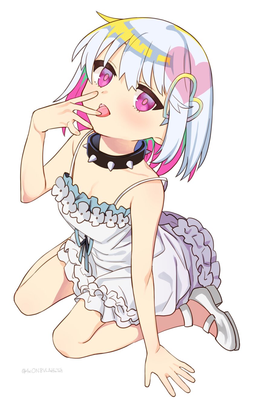 1girl 4rion absurdres blush breasts collar colored_inner_hair dohna_dohna_issho_ni_warui_koto_o_shiyou dress from_above hair_ornament heart heart_hair_ornament highres looking_at_viewer multicolored_hair pink_eyes pink_hair porno_(dohna_dohna) short_hair sitting small_breasts solo spiked_collar spikes tongue two-tone_hair white_dress white_hair