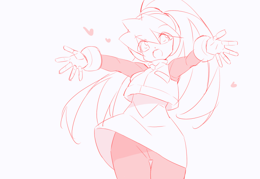 1girl bodysuit bodysuit_under_clothes ciel_(mega_man) cowboy_shot greyscale high-waist_skirt high_ponytail kaidou_zx long_hair mega_man_(series) mega_man_zero_(series) monochrome ponytail red_theme simple_background skirt solo white_background