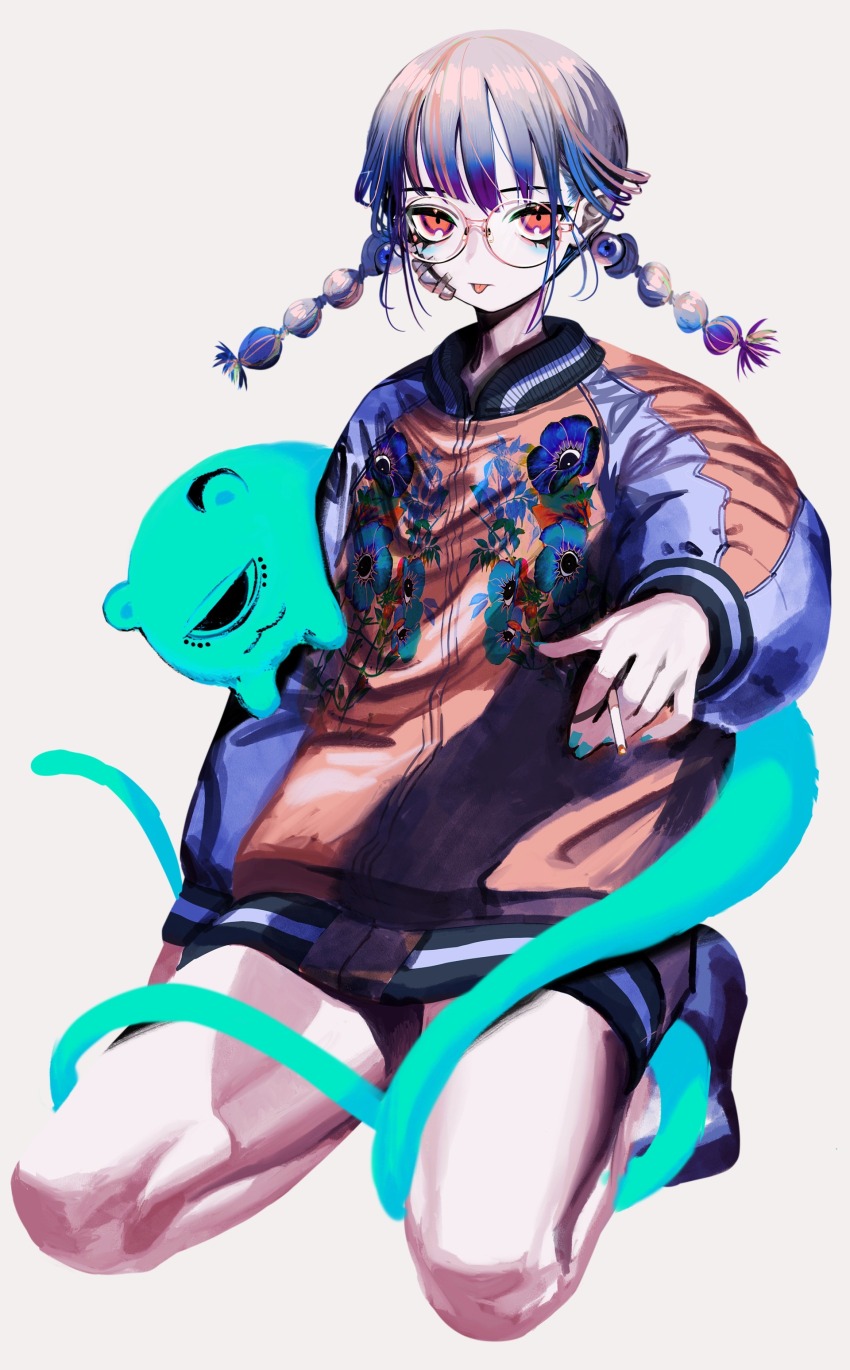 1girl absurdres blue_hair blue_nails blunt_bangs braid cigarette closed_mouth creature full_body gauze gauze_on_cheek ghost glasses grey_background highres holding holding_cigarette jacket long_hair long_sleeves looking_at_viewer nail_polish original print_jacket red_eyes red_jacket round_eyewear shoes simple_background sitting solo tongue tongue_out twin_braids yu_(stdio_nameraka)