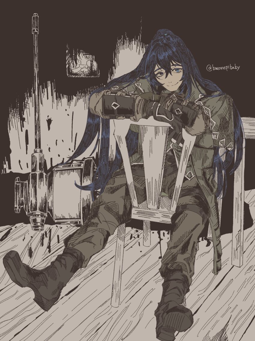 1boy baconepibaby black_coat black_eyes black_gloves black_hair black_shoes blue_eyes capelet coat fanghunt_office_(identity)_(project_moon) full_body gloves grey_capelet grey_pants hammer heterochromia highres hong_lu_(project_moon) limbus_company long_hair looking_at_viewer male_focus pants ponytail project_moon shoes simple_background sitting smile solo very_long_hair