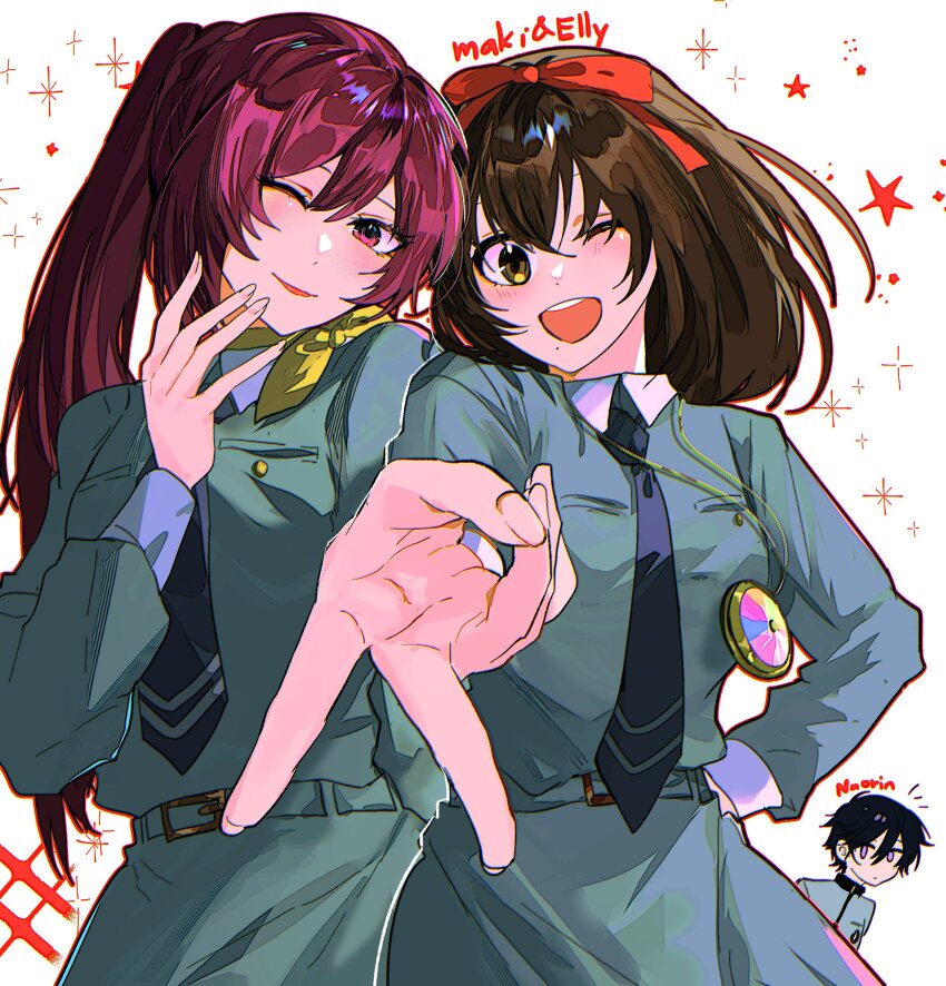 1boy 2girls absurdres black_hair brown_hair fsmaichobpeg0 grey_shirt highres kirishima_eriko long_hair medium_hair multiple_girls open_mouth persona persona_1 ponytail red_hair shirt short_hair smile sonomura_maki toudou_naoya upper_body