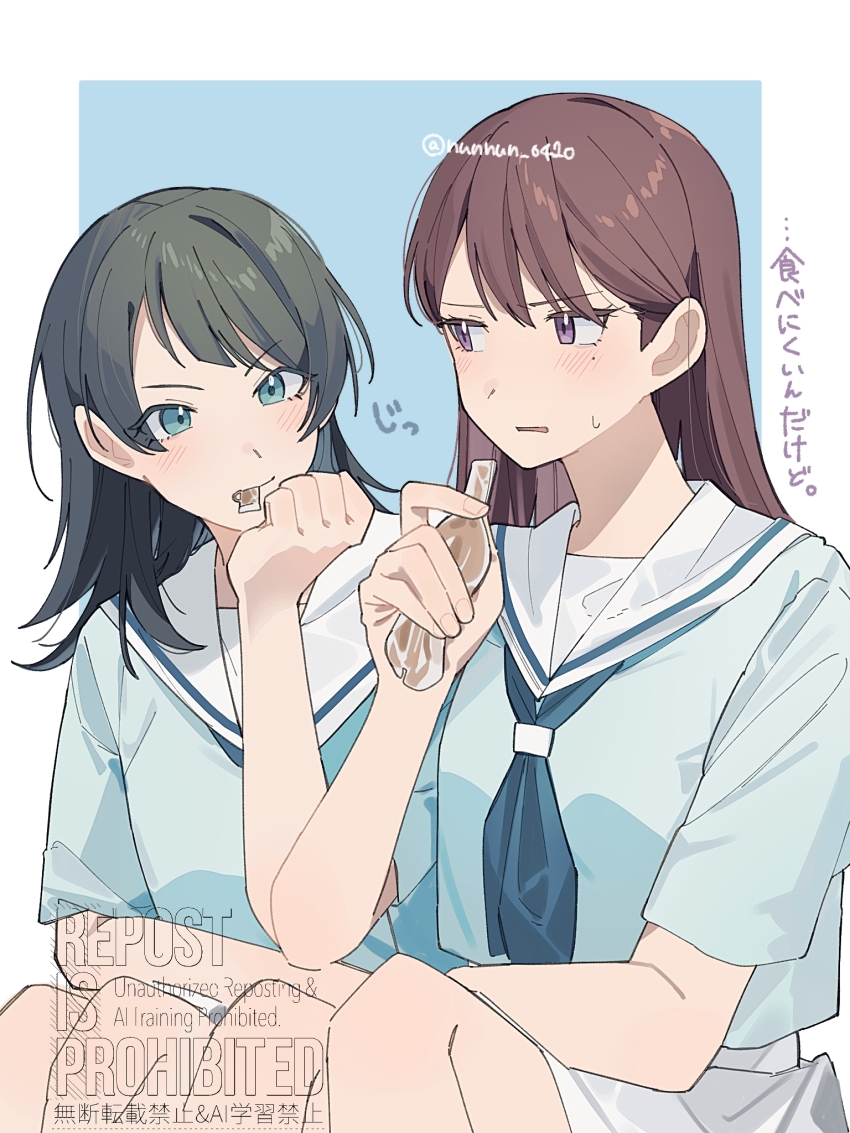 2girls bang_dream! bang_dream!_it&#039;s_mygo!!!!! black_hair blue_background blue_eyes blue_neckerchief blue_shirt blush border brown_hair commentary_request hanasakigawa_school_uniform highres long_hair looking_at_another mole mole_under_eye multiple_girls nanami_(nunnun_0410) neckerchief open_mouth outside_border purple_eyes sailor_collar school_uniform shiina_taki shirt short_sleeves sweatdrop white_border white_sailor_collar yahata_umiri