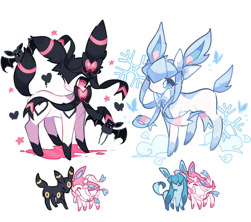 animal_focus bat_(animal) black_bow black_fur black_ribbon blue_bow blue_butterfly blue_eyes blue_fur blue_ribbon bow bowtie bug butterfly charamells closed_mouth cloud ear_bow full_body fusion gen_2_pokemon gen_4_pokemon gen_6_pokemon glaceon heart heart_print highres insect nintendo no_humans pink_eyes pokemon ribbon sharp_teeth simple_background snowflakes standing star_(symbol) sylveon teeth umbreon white_background white_fur