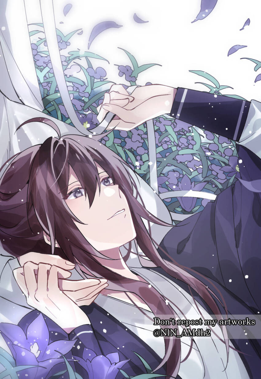 2boys ahoge bishounen black_hair black_hanfu brown_hair chinese_clothes english_text flower hair_between_eyes hanfu highres holding holding_hands holding_ribbon hyottokoane lan_wangji lap_pillow leaf light_particles long_hair long_sleeves looking_up lying lying_on_lap male_focus modao_zushi multiple_boys on_back out_of_frame parted_lips petals ponytail purple_eyes purple_flower ribbon sidelocks smile solo_focus twitter_username upper_body watermark wei_wuxian white_background white_ribbon yaoi