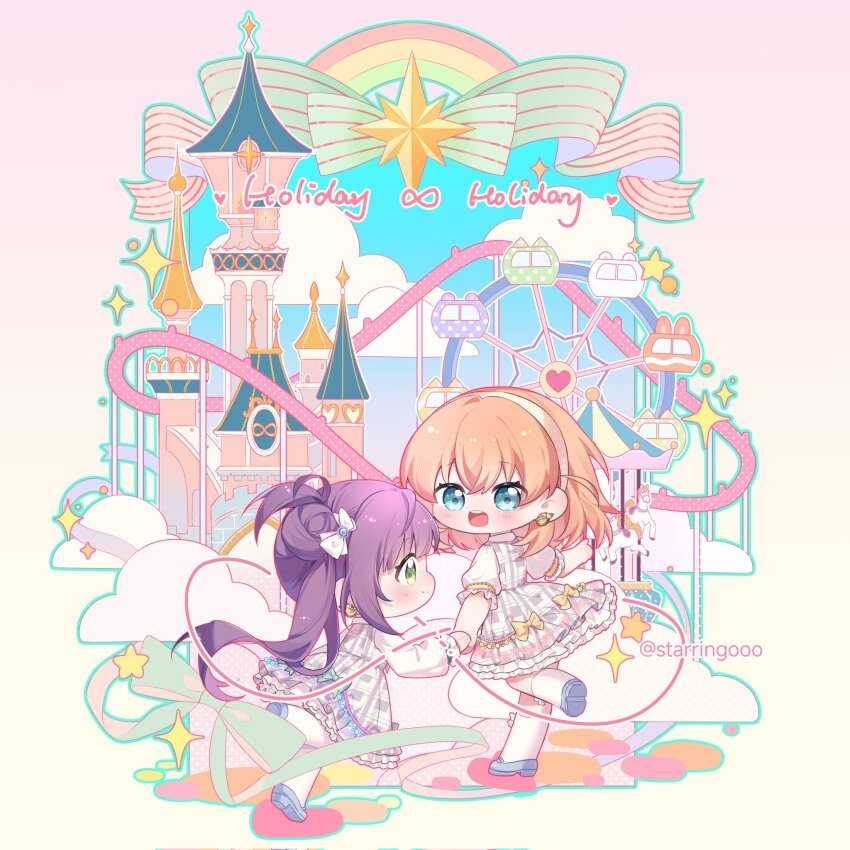 2girls :d amusement_park blue_eyes blue_footwear blush bow castle cerise_bouquet chibi chibi_only closed_mouth commentary crossed_bangs dress dress_bow earrings ferris_wheel green_bow green_eyes grey_dress hair_bow hair_bun hairband highres hinoshita_kaho holding_hands holiday_holiday_(love_live!) jewelry lace_hairband link!_like!_love_live! long_hair long_sleeves looking_at_another love_live! medium_hair multiple_girls open_mouth orange_hair otomune_kozue plaid_clothes plaid_dress puffy_long_sleeves puffy_short_sleeves puffy_sleeves purple_hair roller_coaster round_teeth running shoes short_sleeves side_ponytail sidelocks single_side_bun smile socks song_name sparkle star_(symbol) starringooo string teeth twitter_username two_side_up upper_teeth_only virtual_youtuber white_bow white_hairband white_sleeves white_socks yellow_bow