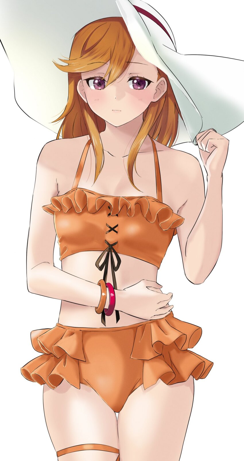 1girl bikini breasts closed_mouth collarbone commentary_request covering_stomach frilled_bikini frills hanamaruyama628 hat highres looking_at_viewer love_live! love_live!_superstar!! medium_breasts orange_bikini orange_hair purple_eyes raised_eyebrow shibuya_kanon small_breasts solo standing sun_hat swimsuit upper_body white_background white_hat