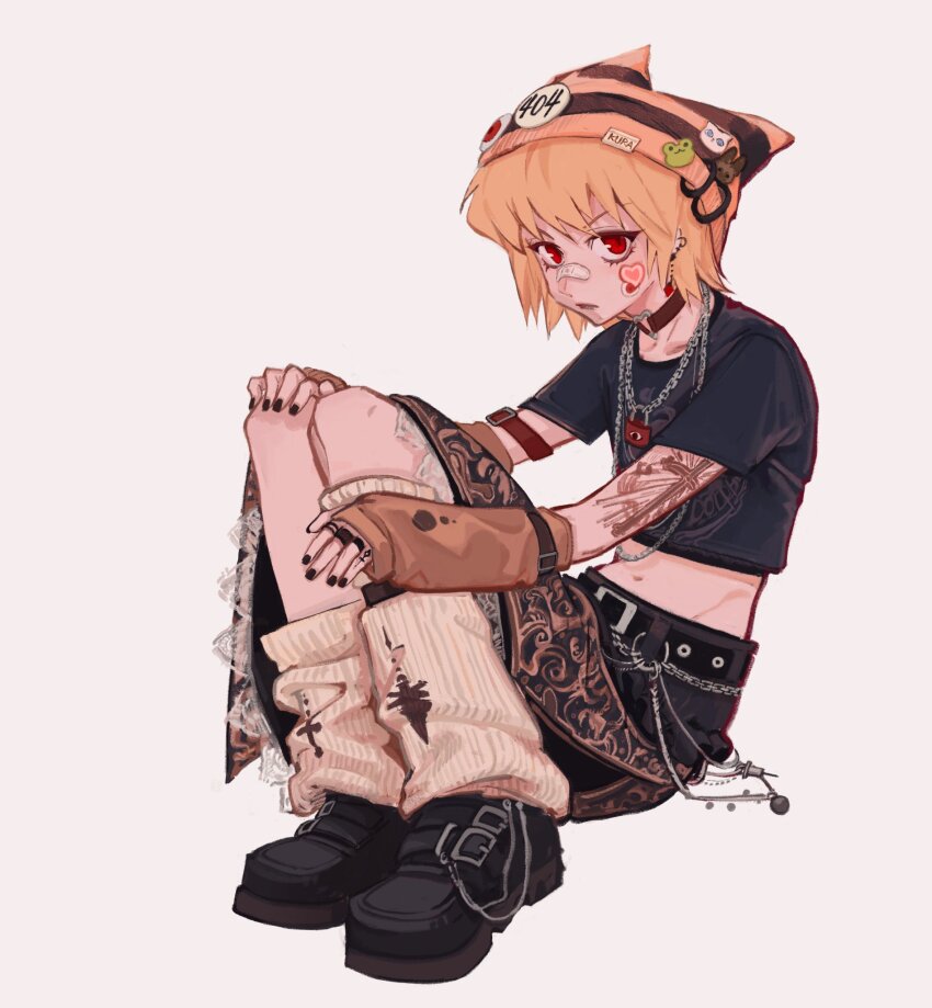 1boy androgynous arm_tattoo bandaid bandaid_on_face bandaid_on_nose beanie black_footwear black_shirt black_skirt blonde_hair brown_arm_warmers buckle chain choker closed_mouth crop_top earrings full_body hat highres hunter_x_hunter ik18166181ik jewelry kurapika lace_trim leg_warmers looking_at_viewer male_focus navel necklace punk red_eyes shirt short_hair simple_background sitting skirt solo sticker_on_face tattoo white_background y2k_fashion yellow_leg_warmers