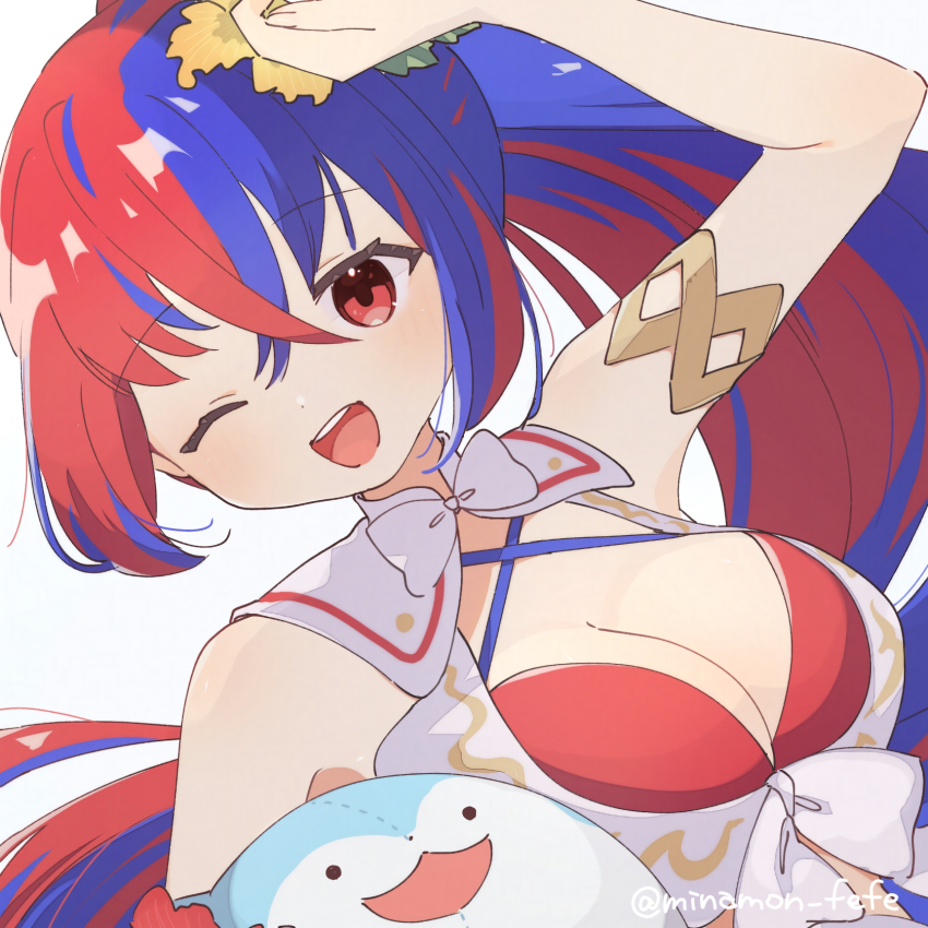 1girl alear_(female)_(fire_emblem) alear_(female)_(seaside_dragon)_(fire_emblem) alear_(fire_emblem) bikini blue_bikini breasts character_ball criss-cross_halter crossed_bangs fire_emblem fire_emblem_engage fire_emblem_heroes gold_armlet halterneck heterochromia highres large_breasts multicolored_hair nintendo official_alternate_hairstyle red_bikini sommie_(fire_emblem) sorane_amus split-color_hair swimsuit white_bikini