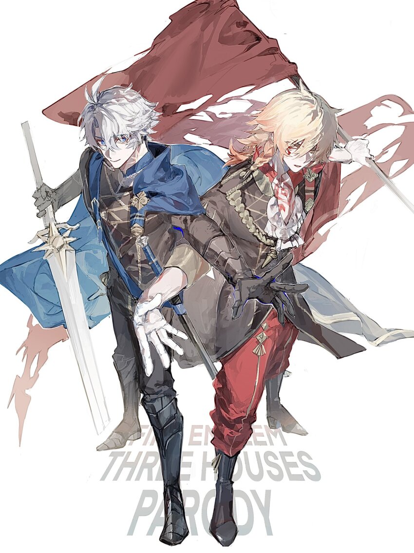 2boys black_boots black_pants boots english_text full_body highres holding holding_sword holding_weapon honkai:_star_rail honkai_(series) long_hair male_focus multiple_boys mydei_(honkai:_star_rail) orange_hair pants phainon_(honkai:_star_rail) red_flag red_pants red_tattoo short_hair simple_background sunset_1830 sword weapon white_background white_hair
