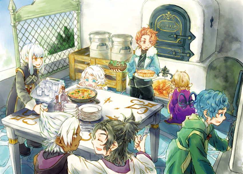 2girls 5boys arm_on_another&#039;s_shoulder baldr_(kingdom_hearts) black_footwear black_hair black_pants black_robe blonde_hair blue_eyes blue_hair blue_jacket blue_sky bottle bowl bowl_stack bragi_(kingdom_hearts) brown_eyes brown_hair closed_eyes commentary_request container cup dark-skinned_male dark_skin day dot_nose drinking_glass drooling eraqus fire fireplace food food_request fork frying_pan fur-trimmed_jacket fur_trim furnace green_robe grey_eyes hermod_(kingdom_hearts) holding holding_bowl holding_cup holding_fork holding_plate holding_tray indoors jacket kh_raimu kingdom_hearts kingdom_hearts_dark_road kitchen light_blue_hair long_sleeves low_twintails medium_hair multiple_boys multiple_girls notice_lines obi open_clothes open_jacket open_mouth orange_eyes pants partial_commentary plate plate_stack purple_robe quiche robe salad sash shoes short_hair short_twintails sidelocks sideways_mouth sitting sky slice_of_life smile smoke spiked_hair spoon stone_floor table topknot tray twintails urd_(kingdom_hearts) vor_(kingdom_hearts) white_hair white_robe wooden_bowl xehanort