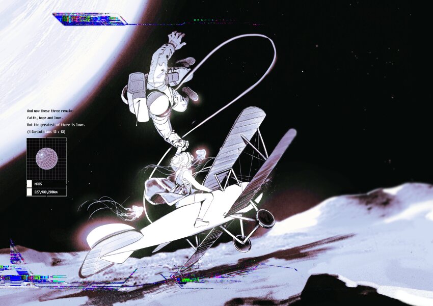 1girl 1other absurdres aircraft astronaut glider highres holding_hands jellyfish original planet riding space toktin_zq