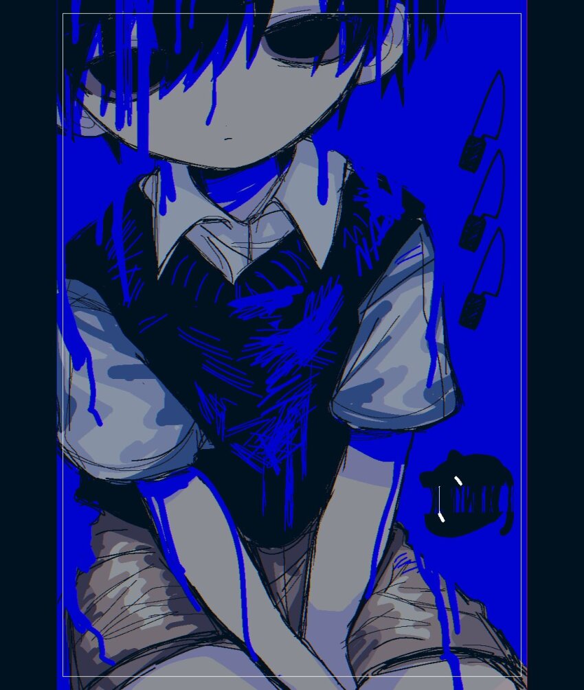 1boy black_eyes black_hair black_sweater blood_from_forehead blood blood_on_clothes blue_blood brown_shorts closed_mouth cowboy_shot empty_eyes highres hug knife kobanzame_omo looking_at_viewer male_focus mewo no_pupils omori pillarboxed shirt short_hair short_sleeves shorts solo sunny_(omori) sweater v_arms white_shirt