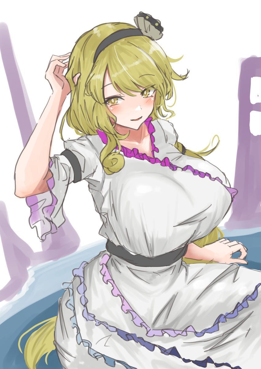 1girl absurdres blonde_hair blush breasts bright_pupils clam_shell_ornament commentary_request dress frills highres kuraki large_breasts long_hair looking_at_viewer low_ponytail parted_lips ponytail short_sleeves simple_background single_sidelock sitting smile solo touhou very_long_hair watari_nina water white_dress white_pupils yellow_eyes