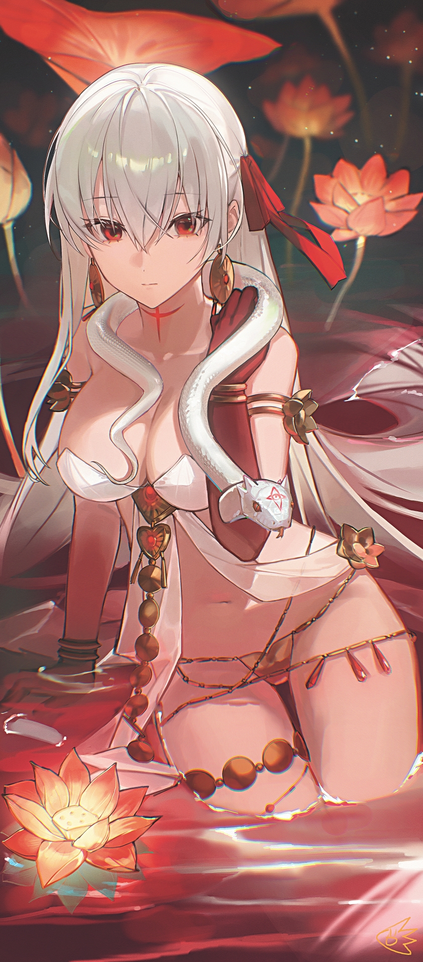 1girl absurdres armlet bare_shoulders belly_chain blush body_markings bracelet breasts cleavage collarbone colored_skin commentary dress durga_(fate) durga_(first_ascension)_(fate) earrings fate/grand_order fate_(series) flower gradient_skin grey_hair hair_ribbon highres jewelry jiajiayu large_breasts long_hair looking_at_viewer pelvic_curtain red_eyes red_skin revealing_clothes ribbon sash snake solo thighs very_long_hair water white_dress