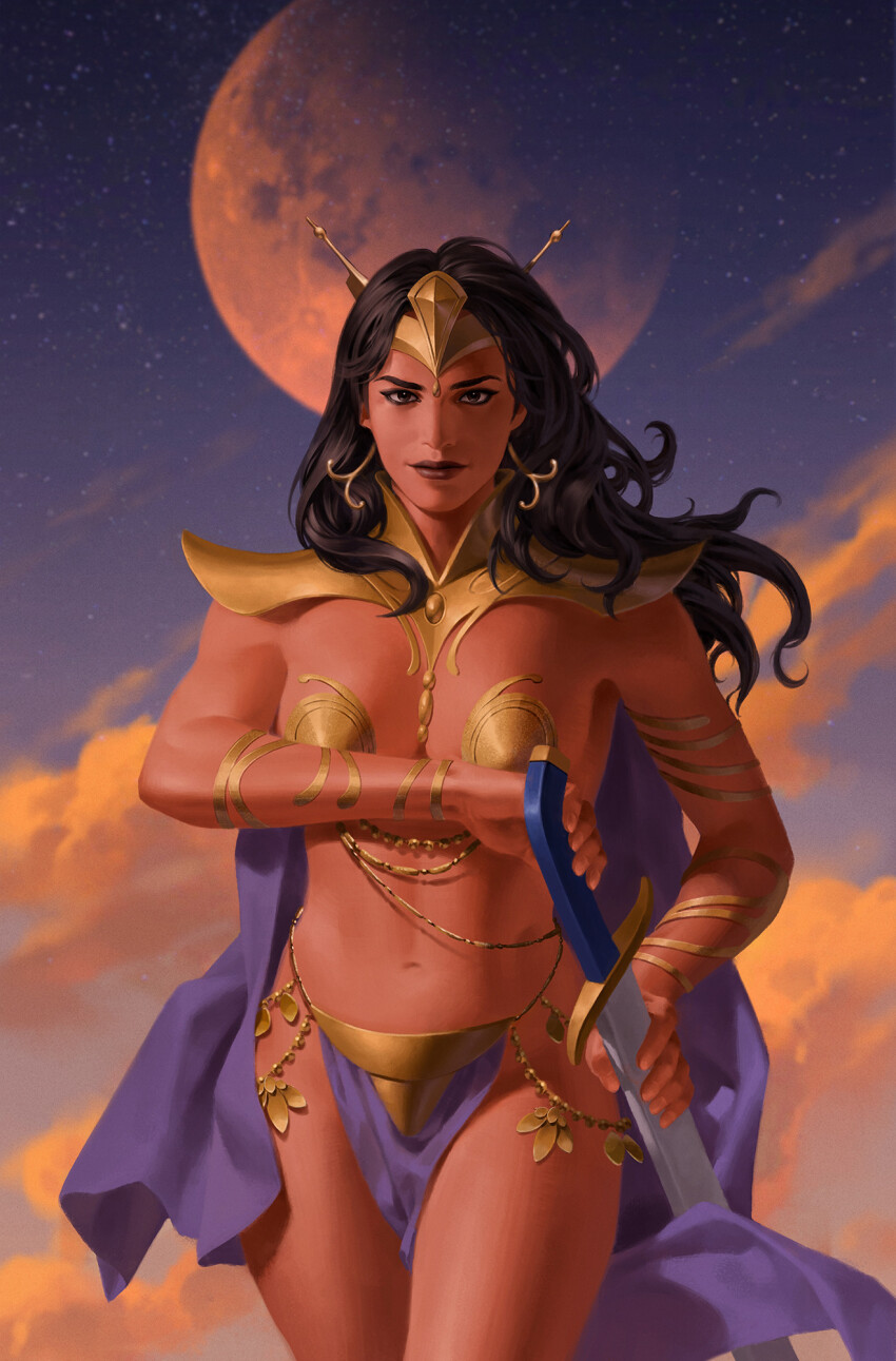 1girl barsoom black_eyes black_hair cape cloud colored_skin dejah_thoris earrings highres holding holding_sword holding_weapon jewelry long_hair looking_at_viewer moon navel outdoors pasties pelvic_curtain pink_skin purple_cape red_moon scimitar solo star_(sky) sword tiara weapon yoon_junggeun