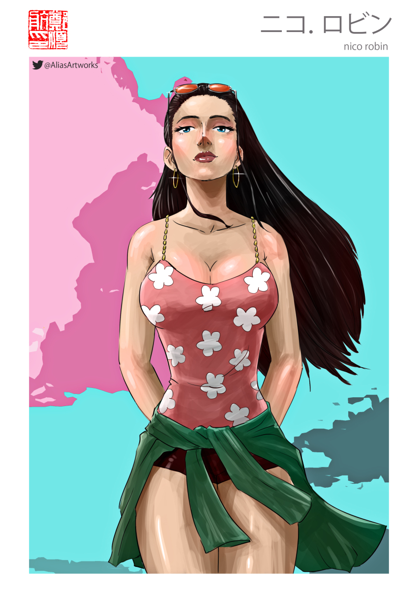 1girl absurdres aliasartworks arm_behind_back black_hair blue_background blue_eyes border camisole character_name earrings floral_print highres instagram_username jewelry long_hair looking_at_viewer loose_hair_strand nico_robin nico_robin_(punk_hazard) one_piece pink_background pink_camisole pink_lips short_shorts shorts solo twitter_username white_border