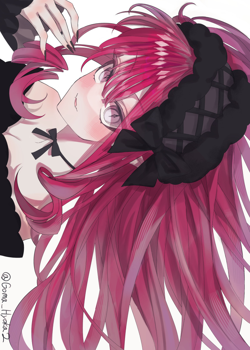 1girl absurdres baobhan_sith_(fate) bare_shoulders black_dress blush breasts cleavage dress fate/grand_order fate_(series) frilled_hairband frills goma_hyoka grey_eyes hairband highres long_hair long_sleeves looking_at_viewer medium_breasts pink_hair pointy_ears sidelocks solo