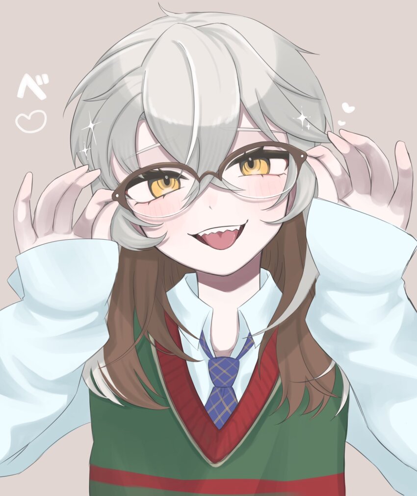 1other :d adjusting_eyewear blue_necktie brown_background brown_hair choko_(1839) collared_shirt colored_tips crossed_bangs glasses green_vest grey_hair hair_between_eyes hand_on_eyewear hands_up highres long_hair looking_at_viewer medicine_pocket medicine_pocket_(the_cosmos_photographer) multicolored_hair necktie official_alternate_costume open_mouth reverse:1999 sharp_teeth shirt smile solo sweater_vest teeth tongue tongue_out upper_body upper_teeth_only vest white_shirt yellow_eyes