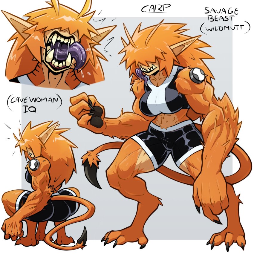absurdres alien ben_10 black_shorts black_sports_bra carpinchor123 claws colored_tongue furry furry_female genderswap genderswap_(mtf) highres multiple_views orange_fur orange_hair pointy_ears purple_tongue sharp_teeth short_shorts shorts sports_bra tail teeth tongue tongue_out two-tone_sports_bra white_sports_bra wildmutt