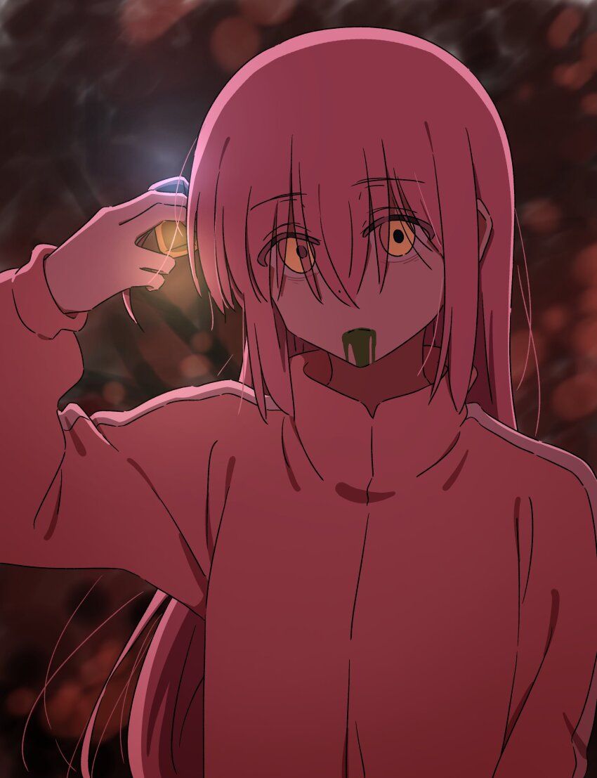 1girl absurdres arm_up bags_under_eyes blood blood_in_mouth blood_on_face blurry blurry_background bocchi_the_rock! bokeh commentary_request cube_hair_ornament depth_of_field eyes_visible_through_hair gotoh_hitori hair_between_eyes hair_ornament hair_over_eyes highres jacket long_hair looking_at_viewer mayo_(oekaki_bibbi) orange_eyes pink_hair pink_jacket pink_track_suit side_ahoge solo straight_hair track_jacket track_suit upper_body