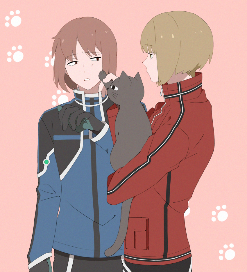 2boys animal arm_at_side black_cat black_gloves blonde_hair bob_cut brown_hair cat cheek_poking gloves high_collar highres holding holding_animal jacket kikuchihara_shirou long_sleeves looking_at_another male_focus multiple_boys parted_lips paw_print pocket poking profile red_background red_jacket short_hair sideways_glance simple_background tokieda_mitsuru uniform world_trigger yawai_tofu zipper