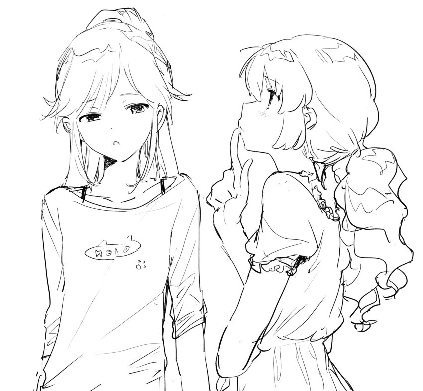 2girls aikatsu! aikatsu!_(series) bad_id bad_twitter_id finger_to_mouth greyscale highres hoshimiya_ichigo inactive_account index_finger_raised long_hair looking_at_another looking_up low_twintails monochrome multiple_girls open_mouth otoshiro_seira ponytail profile shirt short_sleeves simple_background suiso_(owp) twintails white_background