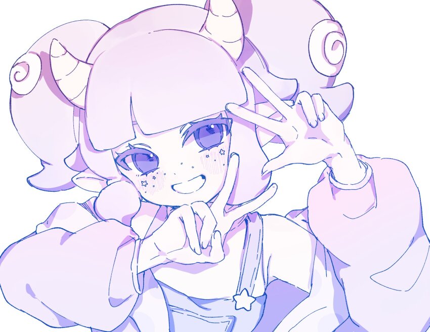 1girl blush commentary freckles grin hackerling highres horns indie_virtual_youtuber jacket looking_at_viewer monochrome off_shoulder open_clothes open_jacket overalls pointy_ears shirt short_hair short_twintails simple_background sleeveless sleeveless_shirt smile solo star_(symbol) tehnyo tentacle_hair twintails upper_body v virtual_youtuber w white_background