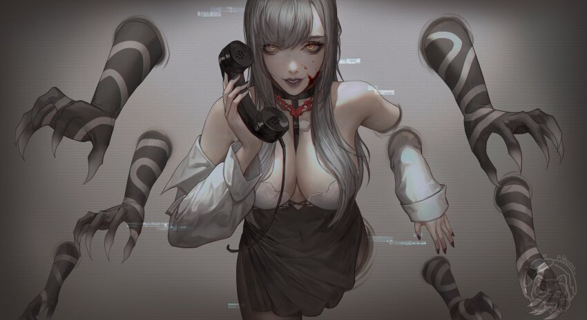 1girl absurdres antique_phone asymmetrical_bangs bare_shoulders between_breasts black_dress black_nails blood blood_on_face breasts cleavage collarbone commentary corded_phone cowboy_shot dress eleven_(path_to_nowhere) english_commentary ghost_hands glitch glowing glowing_eye gradient_background grey_background grey_hair highres holding holding_phone large_breasts long_hair looking_at_viewer looking_up mole mole_on_cheek nail_polish off_shoulder parted_lips path_to_nowhere phone purple_lips red-eye_effect shirt smile solo straight-on through_medium white_shirt yellow_eyes yuki_lu