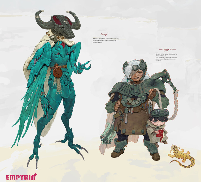 1boy 1girl absurdres armor bandage_over_one_eye blue_eyes brown_hair chain copyright_name earrings empyria_(yan_kyohara) eyewear_on_head full_body gauntlets grandmother_and_grandson hand_up helmet highres holding holding_notebook holding_rope jewelry lizard non-humanoid_robot notebook robot rope shin_guards single_earring standing weapon weapon_on_back white_background white_hair wings writing yan_kyohara