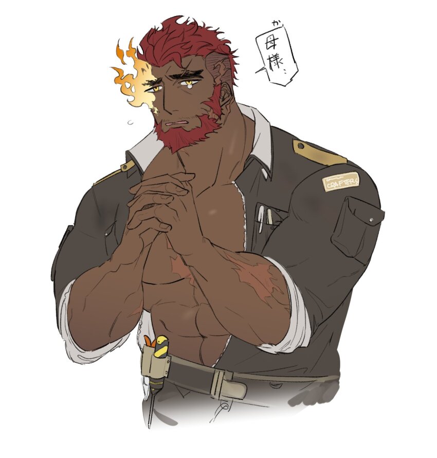 1boy bara beard belt collared_jumpsuit commentary_request cropped_torso dark-skinned_male dark_skin eggricecake eyebrow_cut facial_hair flaming_eye forked_eyebrows grey_jumpsuit hair_slicked_back hephaestus_(housamo) highres jumpsuit korean_commentary large_pectorals male_focus mixed-language_commentary open_jumpsuit own_hands_clasped own_hands_together partial_commentary pectorals pliers red_facial_hair red_hair scar scar_on_arm scar_on_chest scar_on_head screwdriver short_hair simple_background sleeves_rolled_up solo speech_bubble tears thick_eyebrows tokyo_houkago_summoners translated white_background yellow_eyes