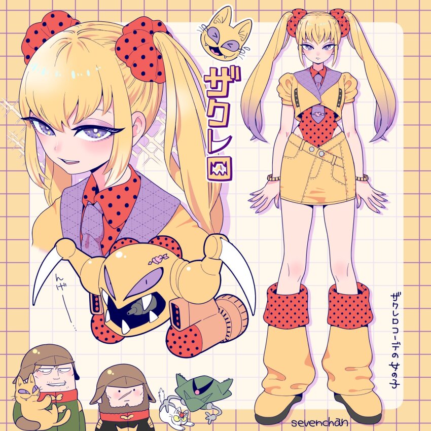 1girl 2boys :| animal animalization arrow_through_heart artist_name beard bigro black_eyes black_jacket blonde_hair boots bracelet brown_hair brown_helmet cat character_name claws closed_mouth collared_shirt colored_sclera commentary cosplay crop_top cropped_shoulders denim denim_skirt dimitri_(gundam) eyeshadow facial_hair fangs full_body gradient_hair green_jacket grid_background gun gundam hair_ornament hair_scrunchie heart helmet highleg highleg_leotard highres holding holding_animal holding_cat jacket jewelry leg_warmers leotard light_frown long_hair looking_at_another looking_at_viewer makeup mecha mechanical_arms mobile_armor mobile_suit_gundam multicolored_hair multiple_boys multiple_views nail_polish necktie one-eyed open_mouth pencil_skirt polka_dot polka_dot_scrunchie purple_eyes purple_eyeshadow purple_hair purple_nails purple_necktie purple_sclera red_eyes red_leg_warmers red_leotard red_scrunchie robot rx-78-2_gundam scar scar_on_face scrunchie sharp_teeth shira_neri shirt short_hair short_sleeves skirt smile sparkle standing stiff_tail teeth tokwan translated twintails two-tone_hair weapon whiskers yellow_boots yellow_leg_warmers yellow_sclera yellow_shirt yellow_skirt zakrello zakrello_(cosplay) zeon