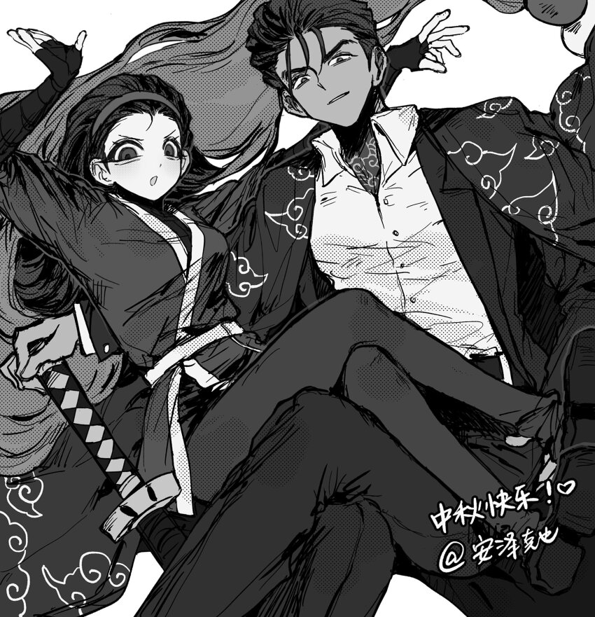 1boy 1girl aeng-du_(project_moon) anzekeye buttons cloud_print cloud_tattoo coat coat_on_shoulders collared_shirt crossed_legs greyscale hair_slicked_back hairband highres jacket jun_(project_moon) lapels limbus_company long_hair long_sleeves looking_at_viewer monochrome notched_lapels open_mouth pants project_moon sash shirt shoes simple_background tattoo very_long_hair