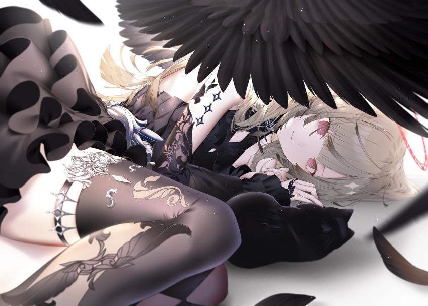 1girl absurdres black_dress black_nails black_thighhighs black_wings blunt_bangs closed_mouth detached_sleeves dress feathered_wings highres kotarou_(kot_mochi) long_hair looking_at_viewer lying on_side original sidelocks smile solo thighhighs wings