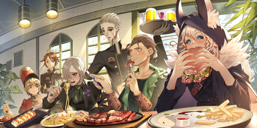 6+boys :t absurdres ahoge alcohol alternate_costume alva_lorenz andrew_kreiss animal_ear_fluff animal_ears animal_hood arm_guards ascot bacon beer beer_mug black_capelet black_jacket black_sclera black_shirt blonde_hair blue_eyes blush brown_eyes brown_hair bruise bruised_eye burger butter buttons capelet caprese_salad carbonara_(food) cloak closed_mouth colored_sclera corsage cross_scar cup double-breasted drink drinking_glass eating egg_(food) facial_scar fake_animal_ears flower food fork french_fries fur-trimmed_cloak fur_trim gloves green_ascot green_eyes green_jacket grey_hair grin hair_between_eyes hair_over_one_eye hair_slicked_back hand_up hanging_light hat highres holding holding_food holding_fork holding_knife holding_tray hood hood_down hood_up hooded_cloak hooded_jacket identity_v indoors injury iris_(flower) ithaqua_(identity_v) jacket knife long_sleeves looking_at_another looking_at_food looking_to_the_side luca_balsa male_focus menu_board mug multiple_boys muntins naib_subedar napolitan open_mouth parted_lips pasta plant plate red_eyes red_hat red_jacket restaurant sauce scar scar_on_cheek scar_on_face scar_on_nose shako_cap shirt short_hair short_sleeves sitting sizzler_plate sleeve_cuffs sleeveless sleeveless_jacket smile softboiled_egg solid_eyes spaghetti standing steak stitched_mouth stitches sweatdrop swept_bangs symbol-shaped_pupils table teeth tray uniform upper_body upper_teeth_only victor_grantz waiter white_gloves white_hair window wine wine_glass x-shaped_pupils yellow_eyes zizero