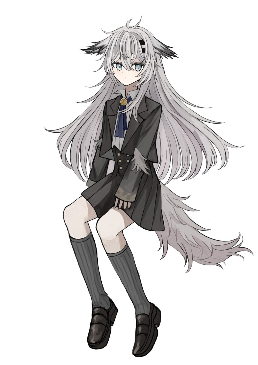 1girl animal_ears arknights ascot black_shoes black_skirt black_socks blue_ascot closed_mouth commentary_request expressionless full_body grey_eyes grey_hair highres kneehighs lappland_(arknights) long_hair looking_at_viewer pleated_skirt ribbed_socks shoes simple_background skirt sleeves_past_wrists socks solo tail udo_(akn_otk) white_background wolf_ears wolf_girl wolf_tail