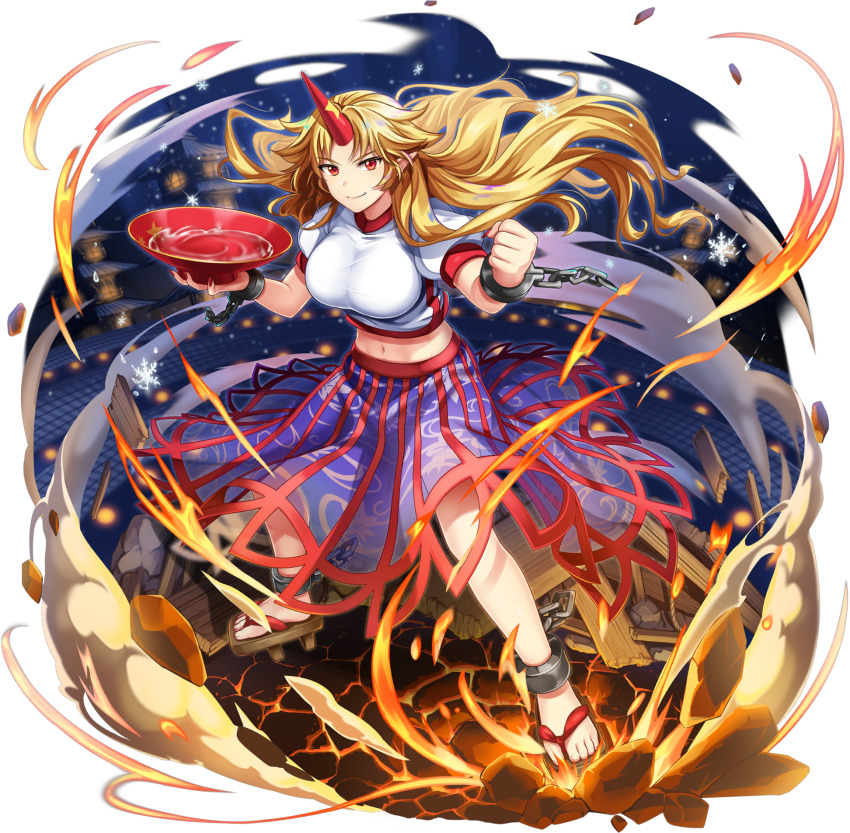 1girl alcohol architecture blonde_hair breasts brown_sandals chain clenched_hand closed_mouth crop_top cropped_shirt cuffs cup debris east_asian_architecture full_body game_cg geta hair_flaps highres holding holding_cup horns hoshiguma_yuugi large_breasts long_hair long_skirt long_sleeves looking_at_viewer midriff navel official_art oni outdoors pointy_ears puffy_short_sleeves puffy_sleeves purple_skirt red_eyes red_horns red_nails red_skirt rotte_(1109) sakazuki sake sandals shackles shirt short_sleeves single_horn skirt smile snowflakes solo star_(symbol) star_print third-party_source touhou touhou_lostword transparent_background two-tone_skirt very_long_hair white_shirt