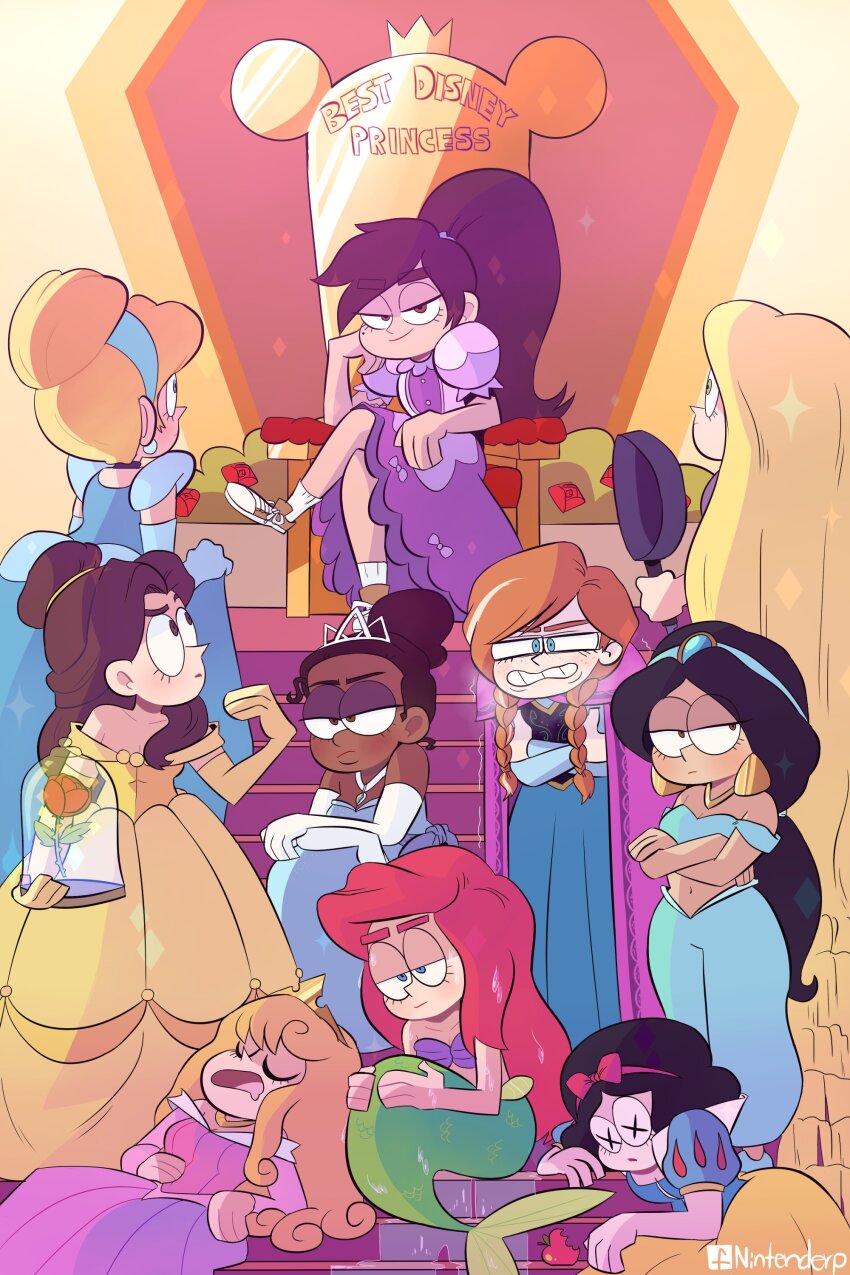 1boy 6+girls absurdly_long_hair absurdres aladdin_(movie) anna_(frozen) apple arabian_clothes ariel_(disney) aurora_(disney) bare_shoulders beauty_and_the_beast belle_(disney) bitten_apple black_hair blonde_hair blue_dress blue_eyes bow braid breasts brown_eyes brown_hair bush choker cinderella cinderella_(disney) cleavage closed_eyes crossed_legs dark-skinned_female dark_skin disney_princess dress earrings elbow_gloves emmanomia23 english_text facebook_username flower food food_bite freckles frozen_(disney) fruit frying_pan gloves green_eyes hair_bun hairband highres holding holding_frying_pan jasmine_(disney) jewelry long_hair looking_at_viewer marco_diaz mermaid monster_girl multiple_girls navel necklace open_mouth orange_hair pink_dress ponytail puffy_short_sleeves puffy_sleeves rapunzel rapunzel_(disney) red_bow red_flower red_hair red_rose rose rose_bush shell shell_bikini short_hair short_sleeves sitting_on_throne sleeping sleeping_beauty smile snow_white_(disney) sparkle star_vs_the_forces_of_evil tangled the_princess_and_the_frog throne tiana_(the_princess_and_the_frog) tiara twin_braids very_long_hair water wet wet_hair x_x yellow_dress