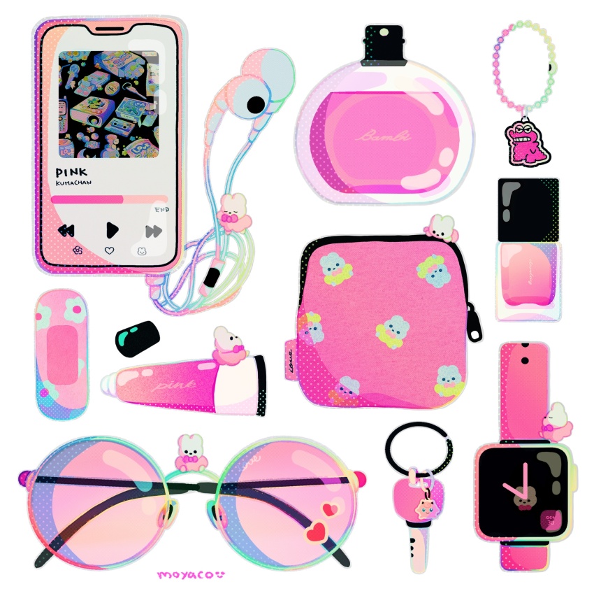 artist_name bandaid bottle cellphone cellphone_charm charm_(object) commentary cosmetics creature earbuds earphones english_commentary english_text floral_print gen_1_pokemon headphones heart highres jigglypuff key moyaco nail_polish_bottle no_humans original perfume_(cosmetics) perfume_bottle phone pink_theme pouch signature simple_background smartphone solid_circle_eyes solid_eyes squeeze_tube sunglasses watch white_background wristwatch