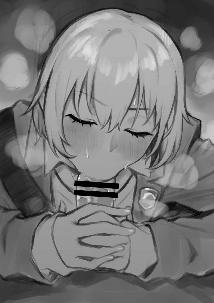 1boy 1girl :&gt;= bar_censor blush censored closed_eyes fellatio greyscale hair_between_eyes hetero highres jacket long_sleeves monochrome oral original penis short_hair sketch solo_focus sweat tkhs