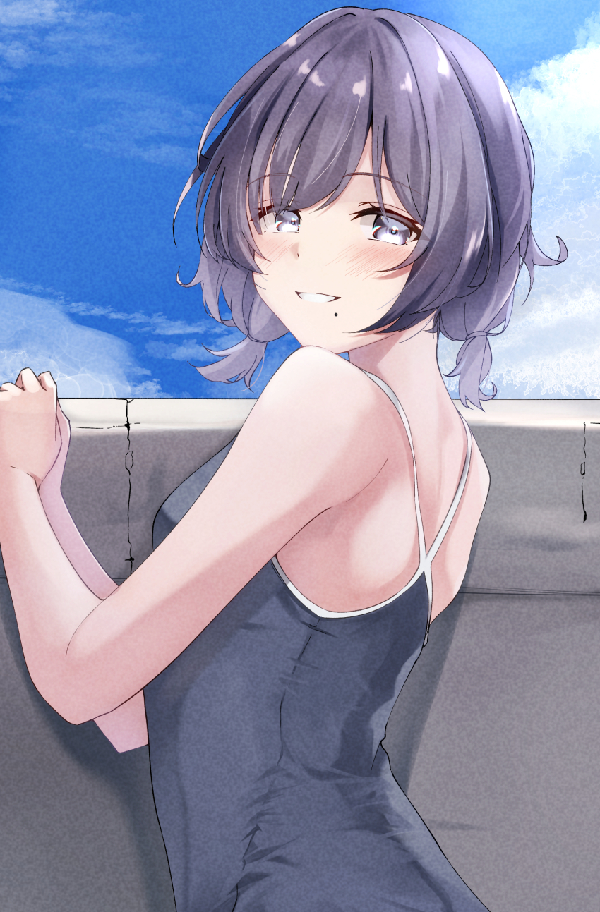 1girl absurdres blue_eyes blue_one-piece_swimsuit blue_sky breasts cloud commentary_request day gakuen_idolmaster hataya_misuzu highres idolmaster looking_at_viewer mole mole_under_mouth one-piece_swimsuit outdoors pandoa_(mikage0495) short_hair short_twintails sky small_breasts smile solo swimsuit twintails