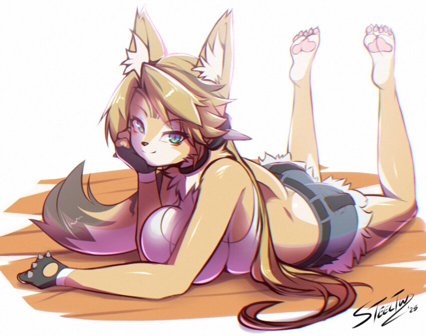 1girl animal_ear_fluff animal_ears bare_shoulders black_choker black_gloves blonde_hair blue_shorts body_fur breasts cat_ears cat_girl cat_tail choker closed_mouth fingerless_gloves furry furry_female gloves head_rest large_breasts long_hair looking_at_viewer lying on_stomach parted_bangs ponytail pulchra_fellini shirt shorts smile solo steeltw tail very_long_hair white_shirt yellow_fur zenless_zone_zero