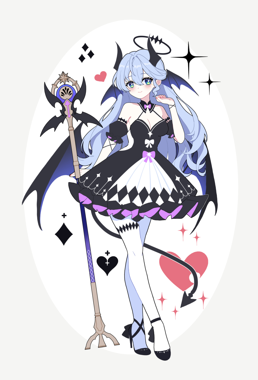 1girl absurdres alternate_costume aqua_eyes arms_behind_back bare_shoulders black_dress black_footwear blue_hair breasts cleavage closed_mouth demon_girl demon_horns demon_tail demon_wings detached_sleeves dress facial_mark ff2074 full_body hair_between_eyes halo hand_up head_wings heart high_heels highres honkai:_star_rail honkai_(series) horns looking_at_viewer pantyhose robin_(honkai:_star_rail) short_sleeves simple_background smile solo sparkle tail white_pantyhose wings