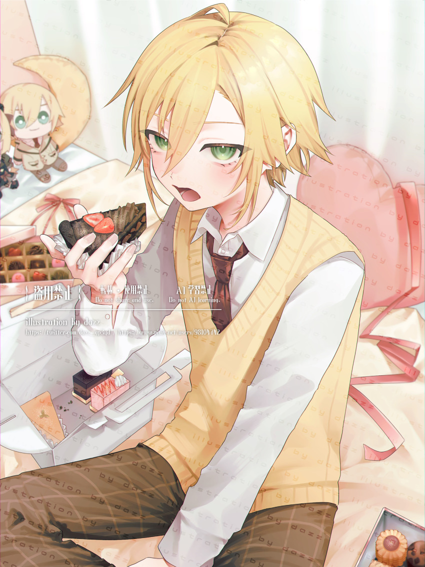 1boy between_legs blonde_hair box box_of_chocolates brown_pants cake cake_slice character_doll checkered_clothes checkered_pants chocolate_cake collared_shirt crescent_pillow dazz_(dazz_gp3yd) dress_shirt eating english_text food fruit green_eyes hair_between_eyes hand_between_legs highres holding holding_cake holding_food indoors looking_at_viewer male_focus necktie nijisanji on_bed open_mouth pants red_necktie school_uniform shirt short_hair sitting solo straight_hair strawberry strawberry_cake uzuki_kou uzuki_kou_(4th_costume) valentine vest virtual_youtuber watermark web_address white_shirt yellow_vest
