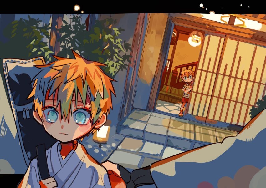 3boys aged_down blonde_hair blue_eyes brothers child doorway dutch_angle expressionless frown grey_shirt hair_between_eyes hand_on_another&#039;s_back hands_up hanoyuta head_tilt holding house japanese_clothes jibaku_shounen_hanako-kun kimono lantern letterboxed male_focus minamoto_kou minamoto_tiara multiple_boys night object_request official_art open_door out_of_frame outside_border pants patio plant porch print_shirt red_pants shirt shoes short_hair short_sleeves siblings sliding_doors spiked_hair standing stone_floor white_kimono wrist_guards