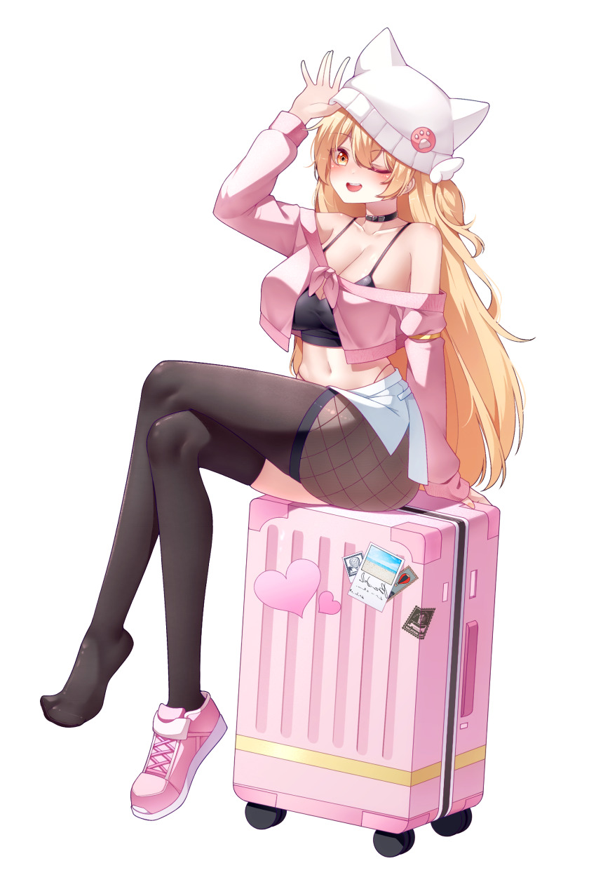 1girl absurdres animal_ears arm_up bare_shoulders beanie black_choker black_shirt blonde_hair breasts brown_thighhighs buyange choker cleavage collarbone crop_top crossed_legs fake_animal_ears fishnet_pantyhose fishnets full_body hat highleg highres jacket large_breasts long_hair looking_at_viewer midriff miniskirt navel off_shoulder one_eye_closed open_mouth original panty_straps pantyhose pink_jacket pink_shoes red_eyes rolling_suitcase shirt shoes simple_background sitting skirt sleeveless sleeveless_shirt smile solo spaghetti_strap stomach suitcase thighhighs very_long_hair white_background white_hat white_skirt