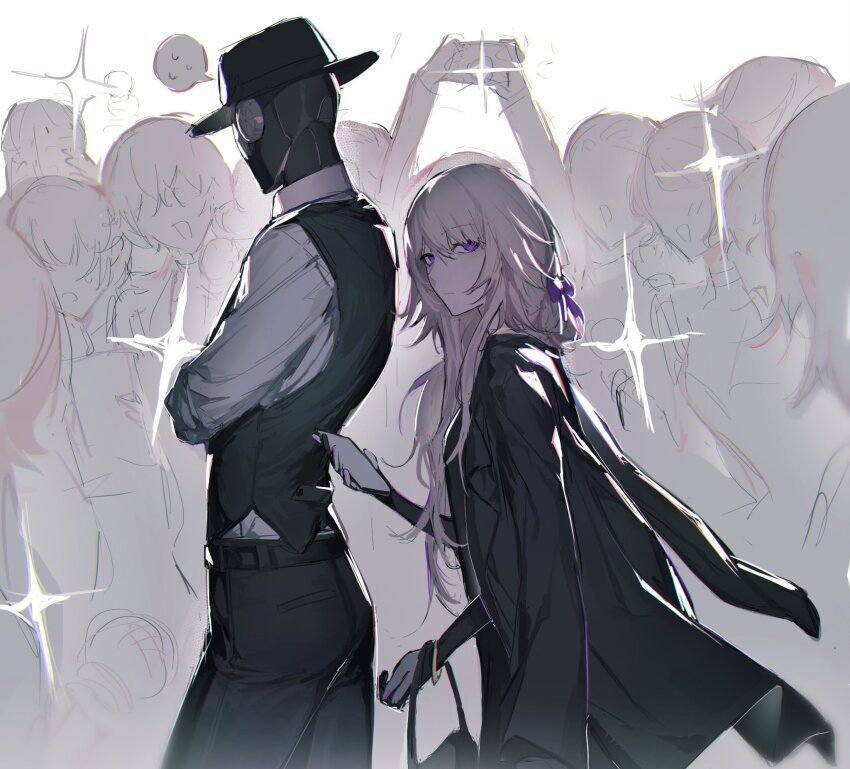 1boy 1girl 1nuyaki black_hat black_jacket black_pants black_vest bow brown_hair crowd faceless fedora hair_bow hat herta_(honkai:_star_rail) highres honkai:_star_rail honkai_(series) humanoid_robot jacket jacket_on_shoulders long_hair pants purple_bow purple_eyes robot screwllum_(honkai:_star_rail) shirt the_herta_(honkai:_star_rail) vest white_shirt