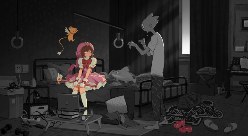 1boy 1girl antenna_hair backpack bag bed bow bowtie brown_hair cardcaptor_sakura computer curtains dress drooling dumbbell electrical_outlet gloves hat highres indoors instrument jile_jingtu kero_(cardcaptor_sakura) keyboard_(instrument) kinomoto_sakura kinomoto_sakura_(magician) kneehighs laptop magical_girl messy_room monochrome_background o_o pants partially_colored pillow pink_dress pink_hat pink_shoes power_strip puffy_short_sleeves puffy_sleeves red_bow red_bowtie rug shoes short_sleeves smile socks stuffed_animal stuffed_shark stuffed_toy unworn_clothes unworn_footwear wand white_gloves