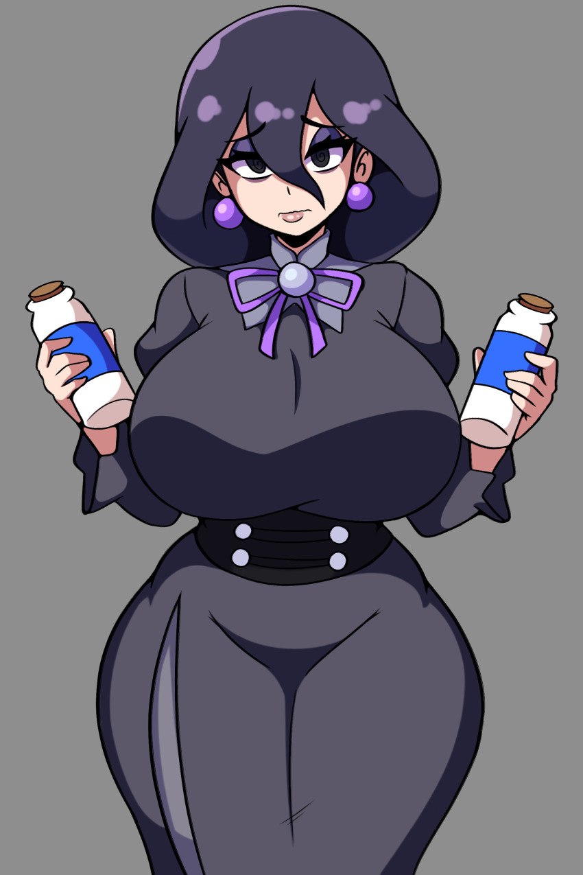 1girl @_@ absurdres black_dress black_eyes bottle breasts closed_mouth corset cowboy_shot dress earrings grey_background hair_between_eyes hex_maniac_(pokemon) hex_maniac_(pokemon_legends:_z-a) highres holding holding_bottle huge_breasts iggybomb jewelry lips long_hair long_sleeves looking_at_viewer milk_bottle nintendo pokemon pokemon_legends:_z-a purple_hair simple_background solo standing wavy_mouth wide_hips