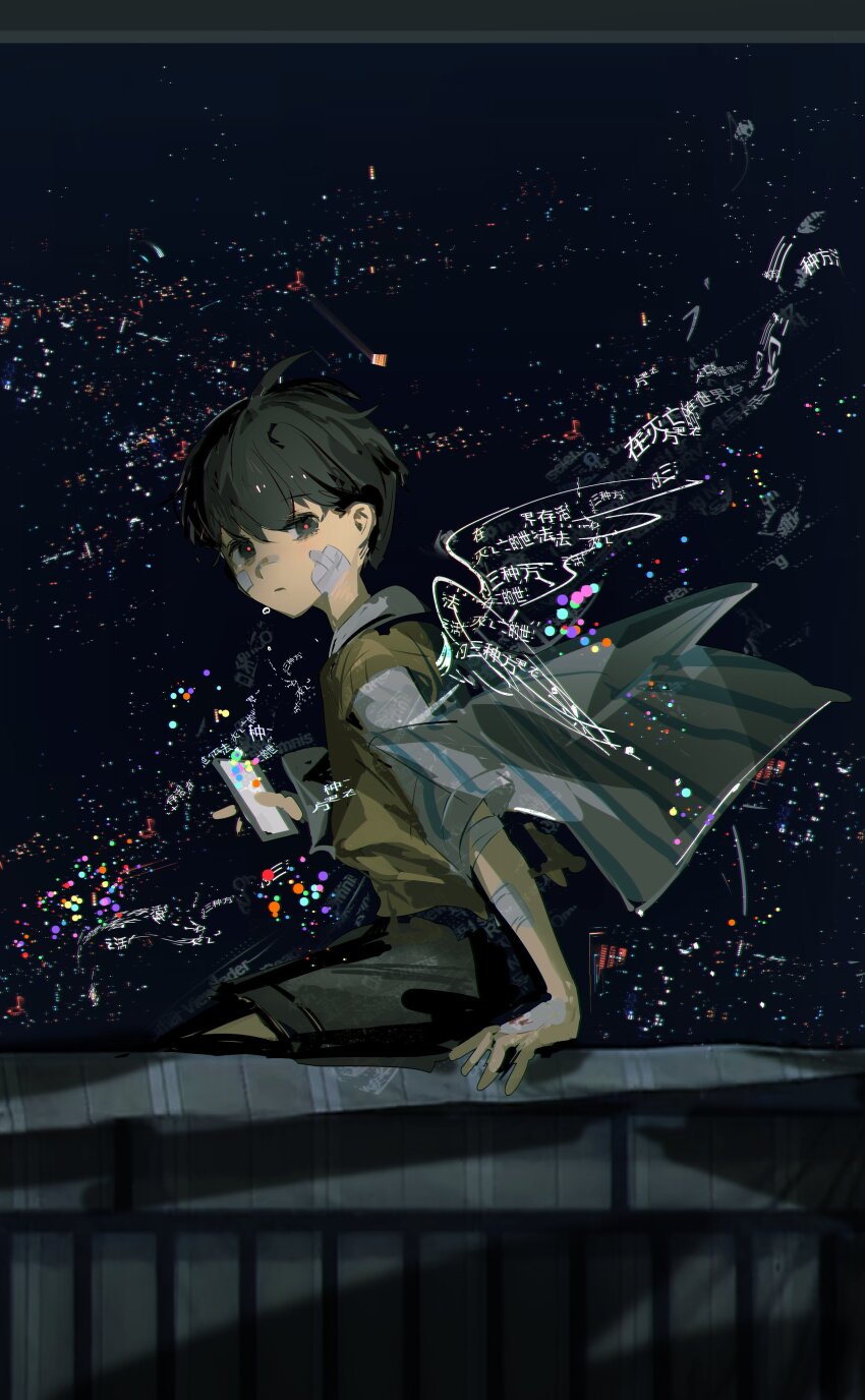 1boy absurdres art_program_in_frame bandage_on_face bandaged_arm bandages bandaid bandaid_on_face bandaid_on_nose black_background black_eyes black_hair black_shorts blurry blurry_foreground chinese_text dark_background drawn_wings frown highres holding holding_phone jacket jacket_on_shoulders kim_dokja lantercat leukocoria light_particles looking_at_viewer male_focus night omniscient_reader&#039;s_viewpoint on_railing open_clothes open_jacket phone railing red_pupils school_uniform short_hair shorts solo stray_hair striped_clothes tunic wings
